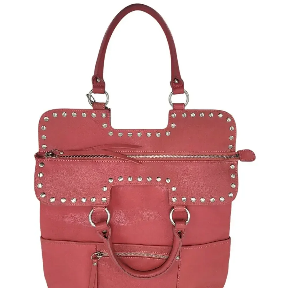 Sorial Studded‎ Leather Tote Shoulder Bag Pink Coral Boho Moto Satchel Purse